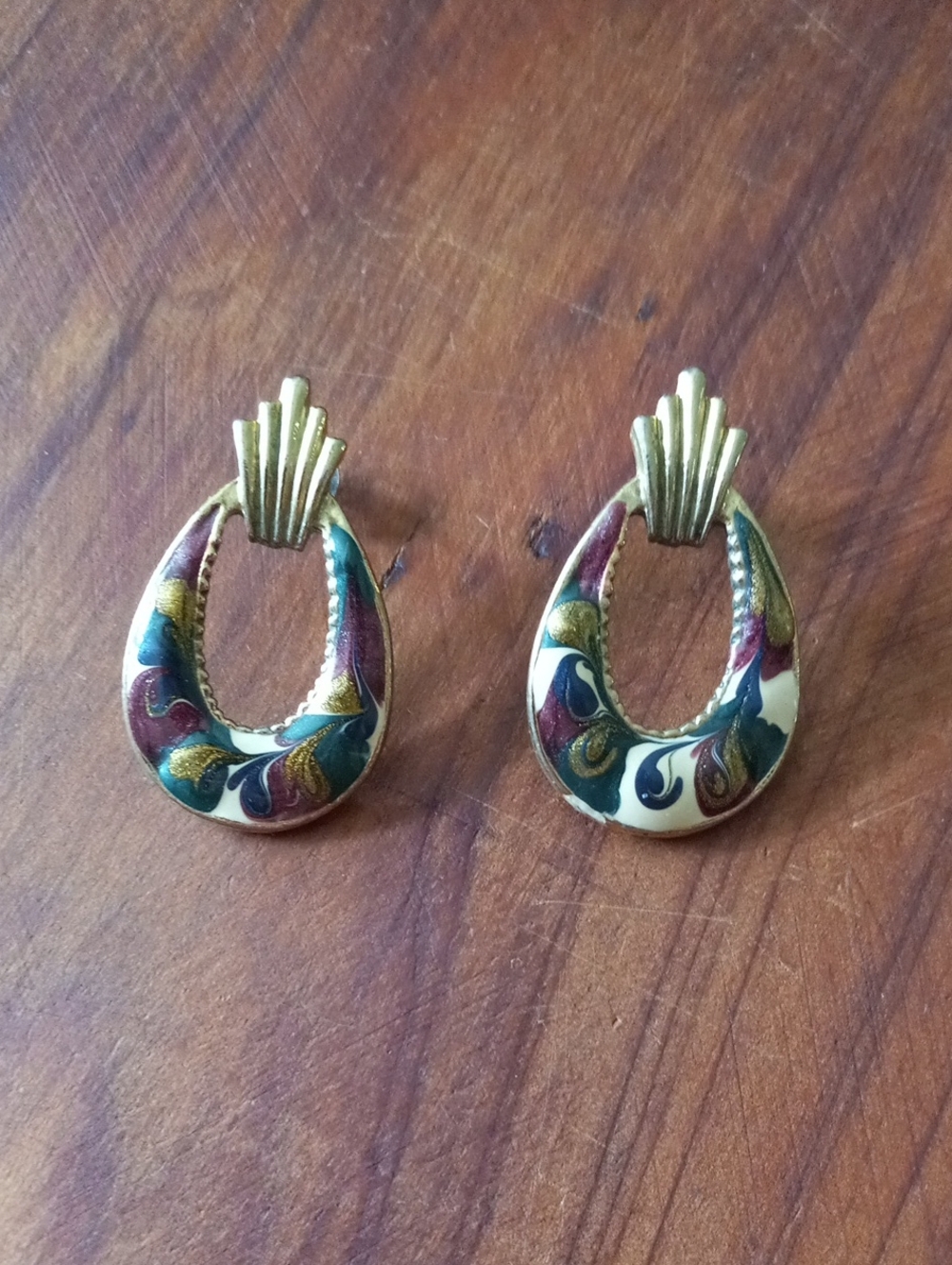 Retro 1980s Gold Door Knocker Marbled Enamel Swirl Hoop Earrings